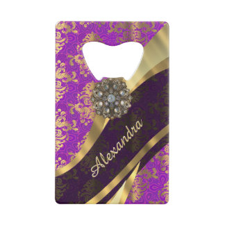 Pretty personalized girly purple damask patten credit card bottle opener