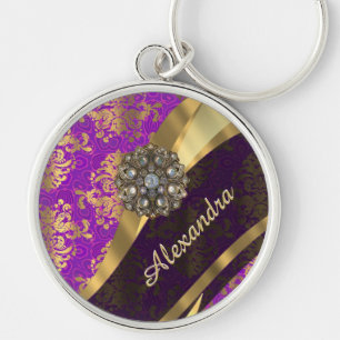Pretty personalized girly purple damask patten keychain