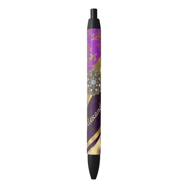 Pretty personalized girly purple damask patten pen (Front Vertical)