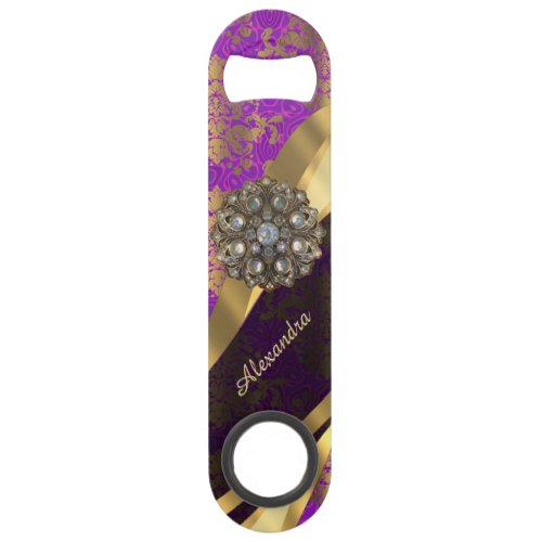 Pretty personalized girly purple damask patten speed bottle opener