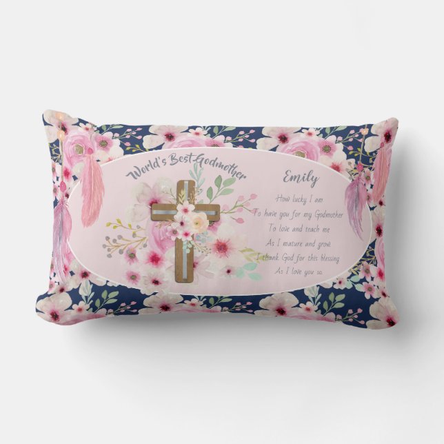 Pretty Personalized GODMOTHER Poem Pink Floral  Lumbar Pillow (Front)