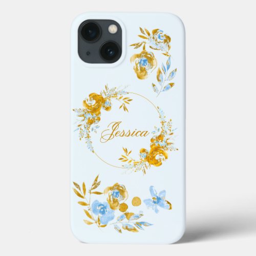 Pretty Personalized Gold Blue Winter Floral iPhone 13 Case