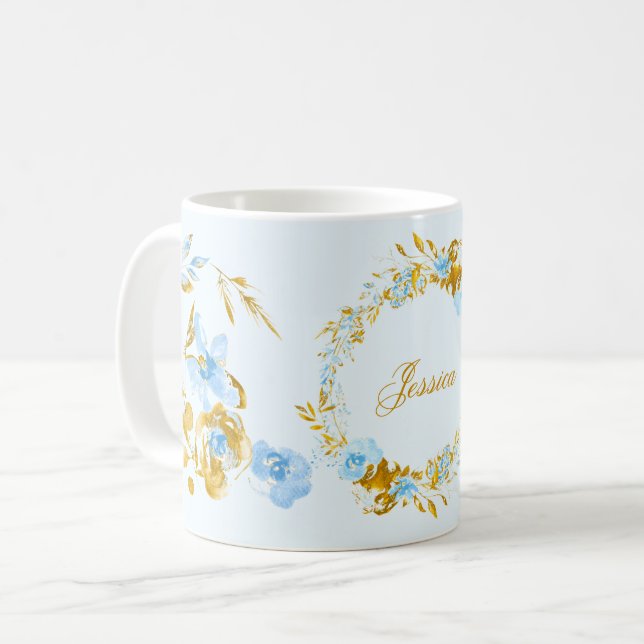 Pretty Personalized Gold Blue Winter Floral Coffee Mug (Front Left)