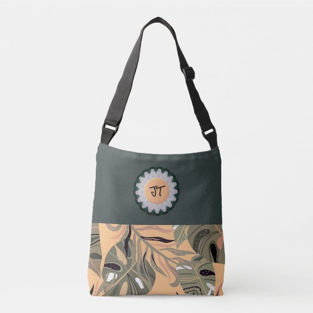 Pretty Personalized Green/Peach Tote Bag w/Leaves (Front)