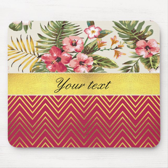 Pretty Personalized Hibiscus and Chevrons Mouse Pad (Front)