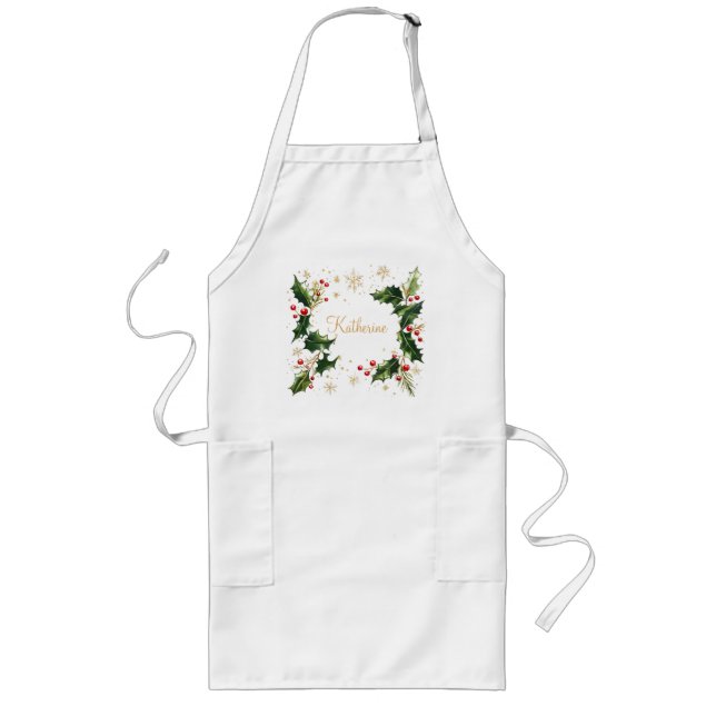 Pretty Personalized Holly & Snowflakes Xmas Apron (Front)