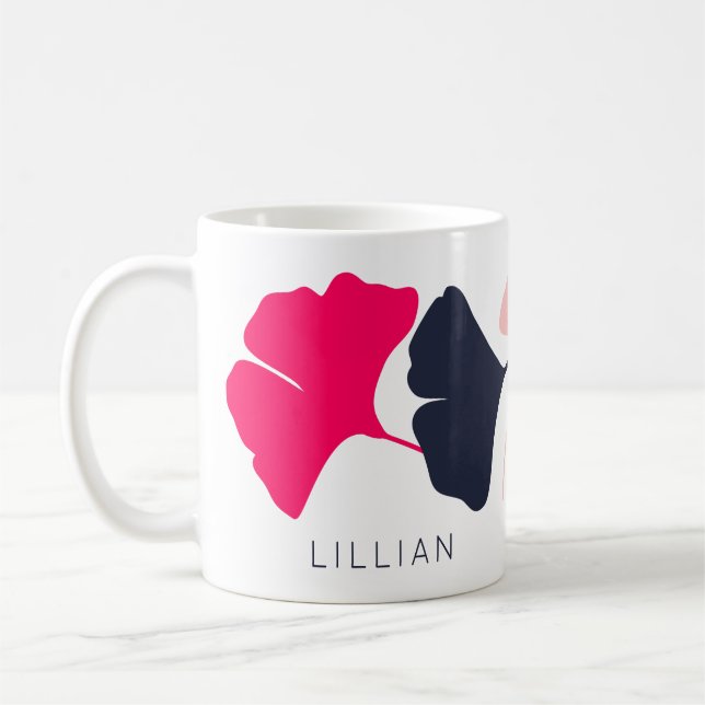 Pretty Personalized Navy Blue & Pink Ginkgo Leaves Coffee Mug (Left)