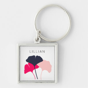 Pretty Personalized Navy Blue & Pink Ginkgo Leaves Keychain