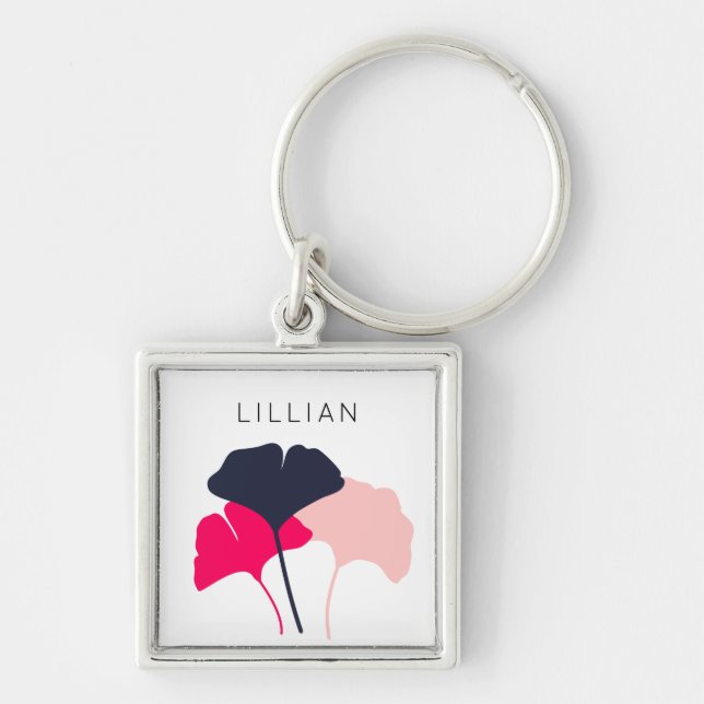 Pretty Personalized Navy Blue & Pink Ginkgo Leaves Keychain (Front)