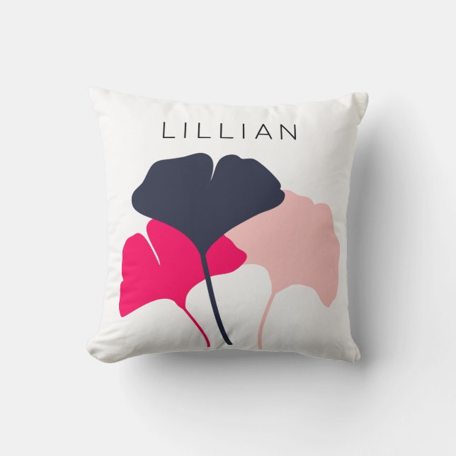 Pretty Personalized Navy Blue & Pink Ginkgo Leaves Throw Pillow (Front)