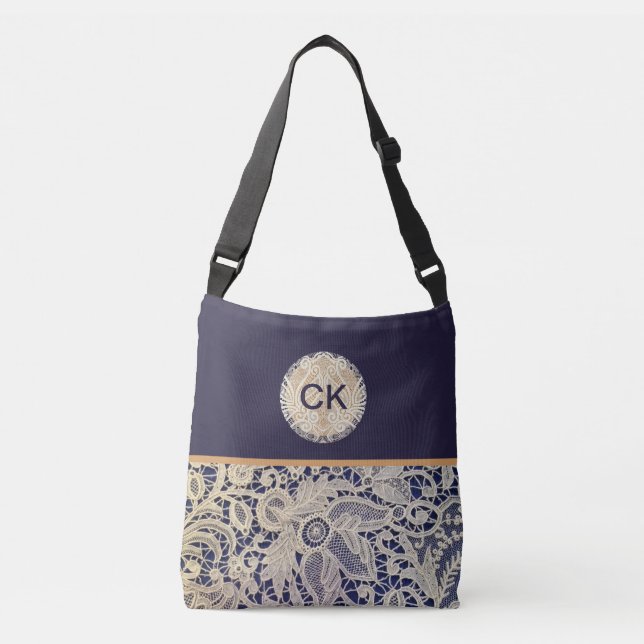 Pretty Personalized Navy with Lace Tote Bag (Front)