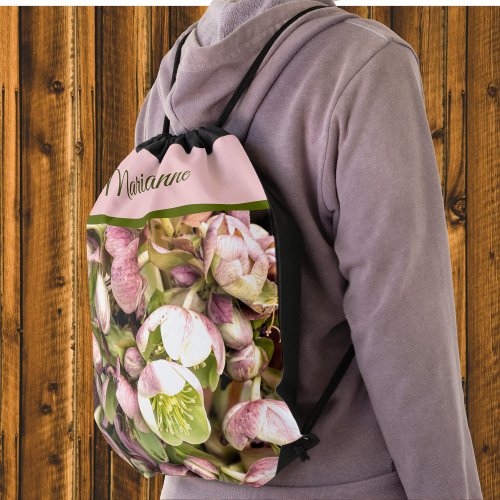 Pretty Personalized Pink and Olive Hellebore Drawstring Bag
