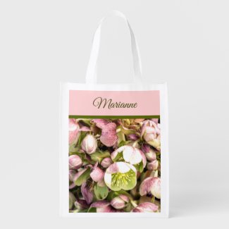 Pretty Personalized Pink and Olive Hellebore Grocery Bag