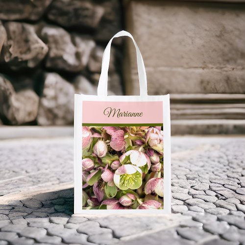 Pretty Personalized Pink and Olive Hellebore Grocery Bag