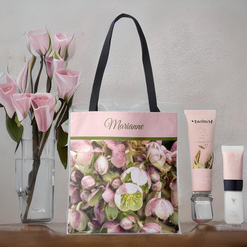 Pretty Personalized Pink and Olive Hellebore Tote Bag