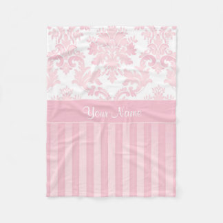 Pretty Personalized Pink Damask and Stripes Fleece Blanket
