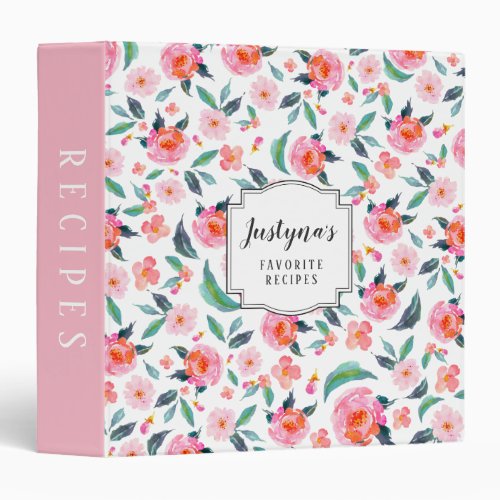 Pretty Personalized Pink Floral Pattern Recipe 3 Ring Binder