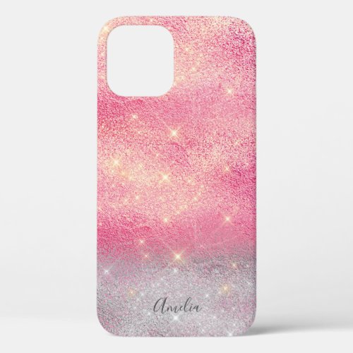 Pretty personalized pink rose gold silver glitter iPhone 12 case