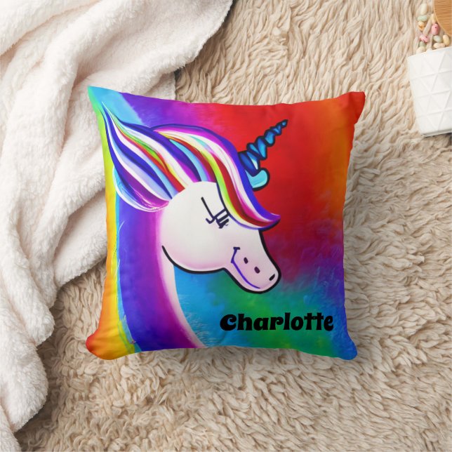 Pretty Personalized Rainbow Unicorn  Throw Pillow (Blanket)