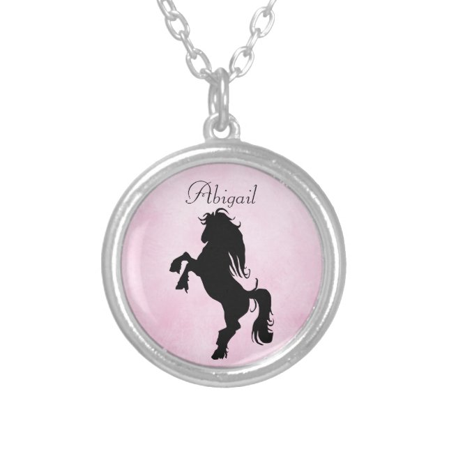 Pretty Personalized Rearing Silhouette Horse Silver Plated Necklace (Front)