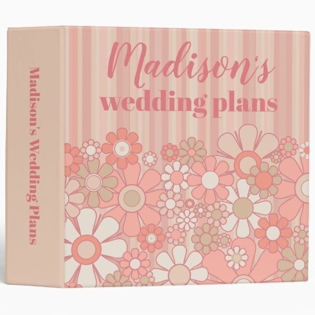 Pretty Personalized Retro Floral Wedding Planner  3 Ring Binder (Front/Spine)