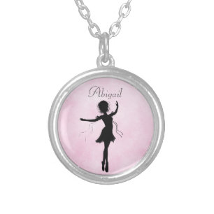Pretty Personalized Silhouette Ballerina on Pink Silver Plated Necklace