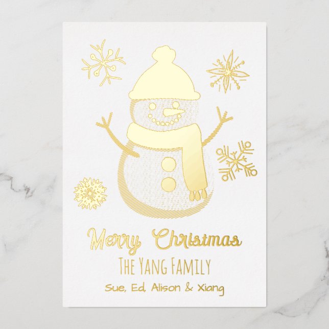 Pretty Personalized Snowman and Photo Foil Holiday Card (Front)