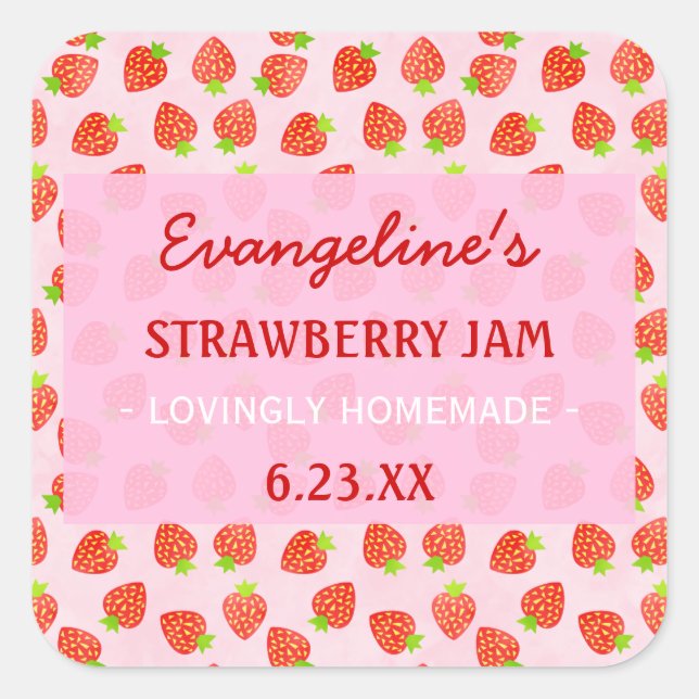 Pretty Personalized Strawberry Jam Jar Square Sticker (Front)