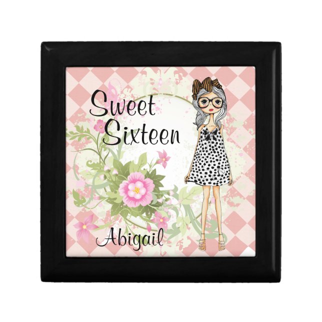 Pretty Personalized Sweet 16 Cool Girl and Flowers Jewelry Box (Front)