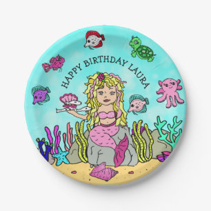 Pretty Pesonalized Blonde Mermaid Birthday Party Paper Plates
