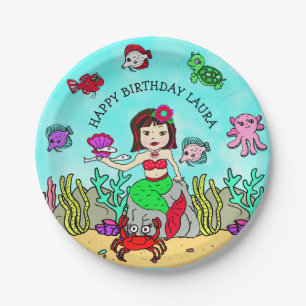 Pretty Pesonalized Ethnic Mermaid Birthday Party Paper Plates