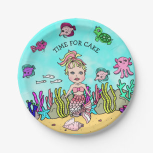 Pretty Pesonalized Pink Blonde Mermaid Birthday Paper Plates