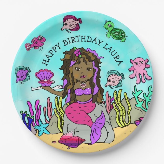 Pretty Pesonalized Pink Purple  Mermaid Birthday Paper Plates (Front)