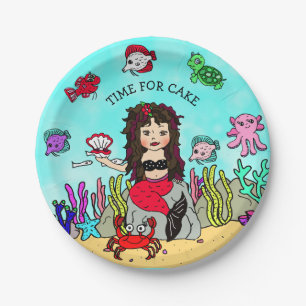 Pretty Pesonalized Red and Black Mermaid Birthday Paper Plates