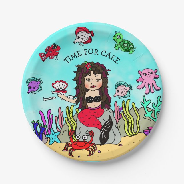 Pretty Pesonalized Red and Black Mermaid Birthday Paper Plates (Front)