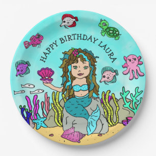 Pretty Pesonalized Turquoise Mermaid Birthday Paper Plates