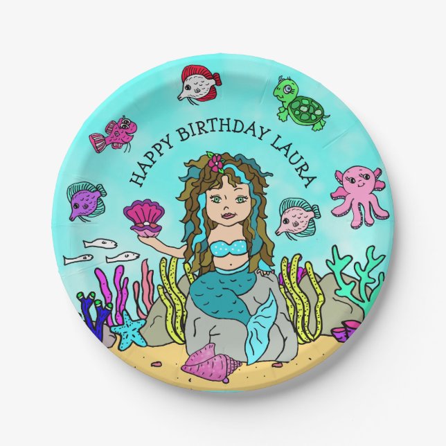 Pretty Pesonalized Turquoise Mermaid Birthday Paper Plates (Front)