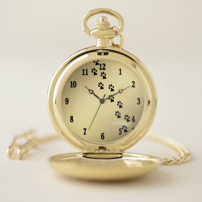 Pretty Pet Paw Prints Gold Black Numbers Pocket Watch (Inside)