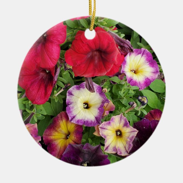 Pretty Petunias Purple and Pink Flowers Christmas Ceramic Ornament (Front)