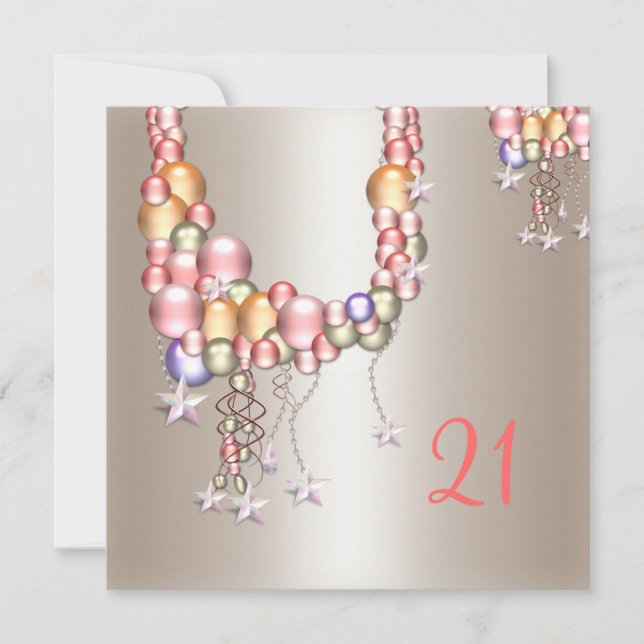 Pretty Pewter Peach Pearls Stars 21st Birthday Invitation (Front)