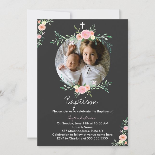Pretty Photo Floral Wreath Baptism Invitation (Front)