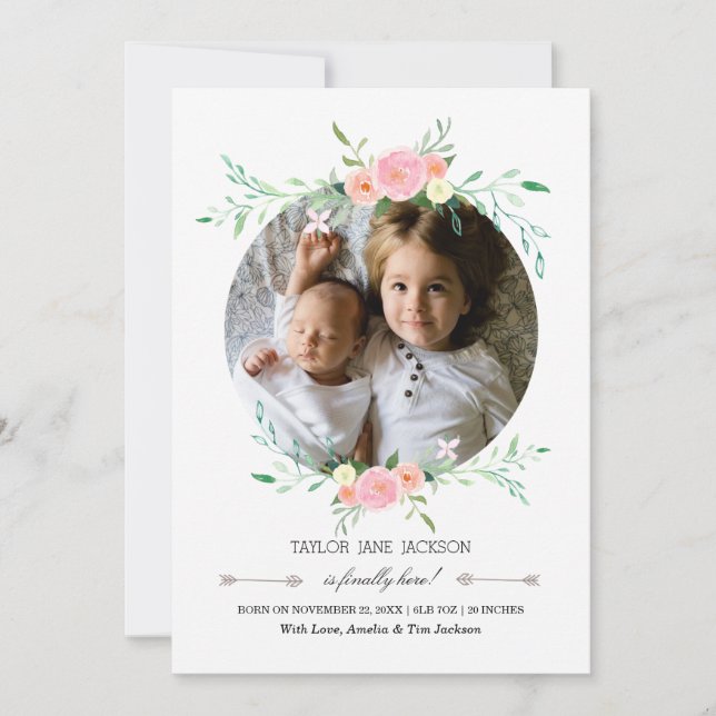 Pretty Photo Floral Wreath Birth Announcement (Front)