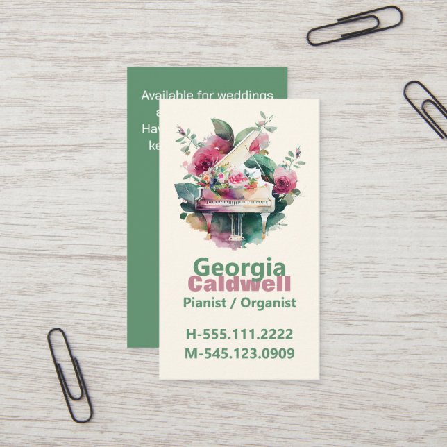 Pretty Pianist Watercolor Art Business Card (Front/Back In Situ)