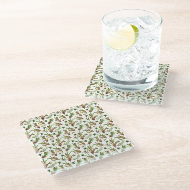 Pretty Pine Cones and Cuttings Botanical Glass Coaster (Angled)