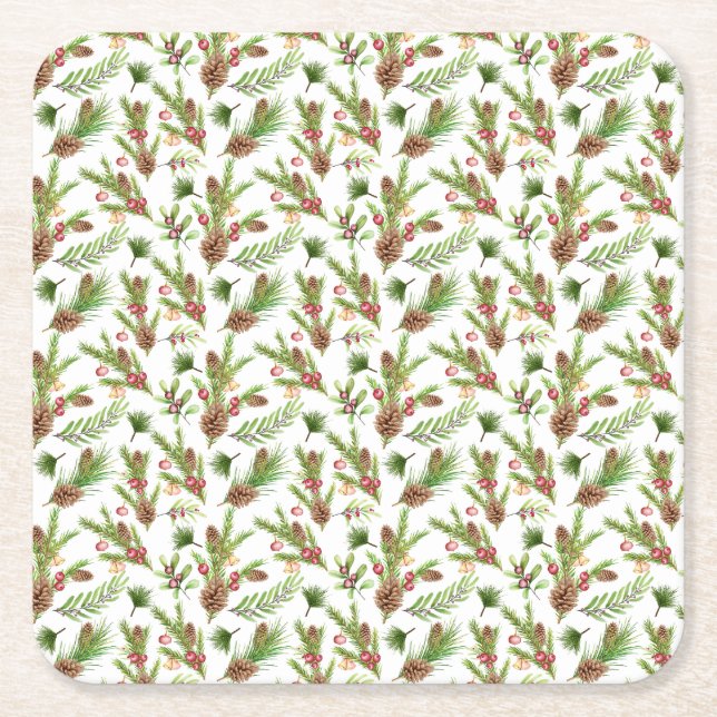 Pretty Pine Cones and Cuttings Botanical Square Paper Coaster (Front)