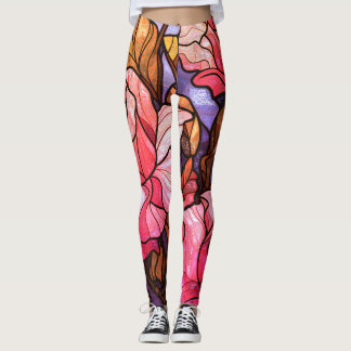 Pretty Pink Abstract Roses Stained Glass Look Leggings