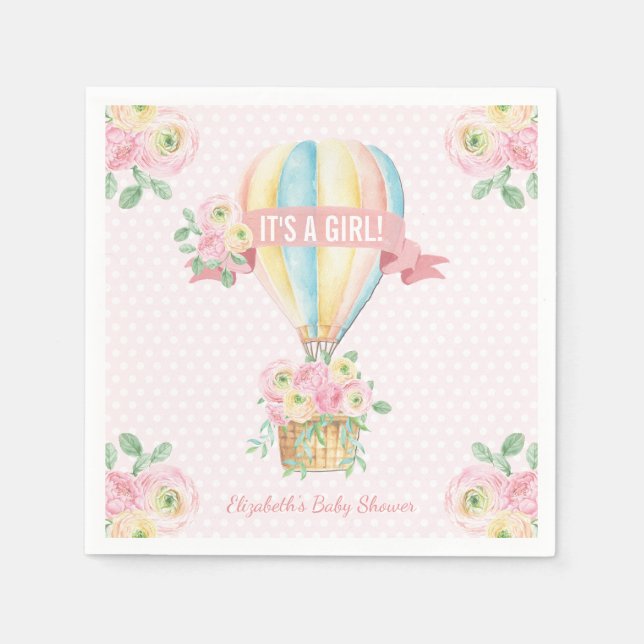 Pretty Pink Adventure Hot Air Balloon Baby Shower Napkins (Front)