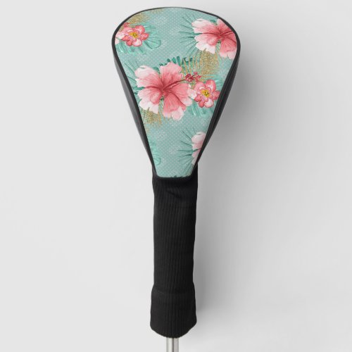 Pretty Pink and Aqua Tropical Flowers Golf Head Cover