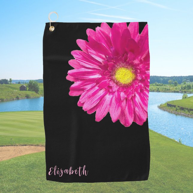 Pretty pink and black daisy flower custom name golf towel (Creator Uploaded)