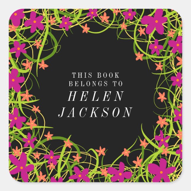Pretty pink and black floral book name sticker (Front)